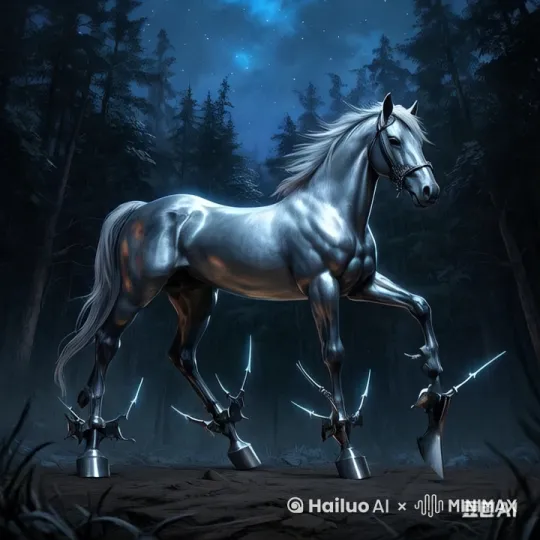 月光下的银色的剑腿马，飞奔的跑向前面。 by Hailuo AI Video Generator
