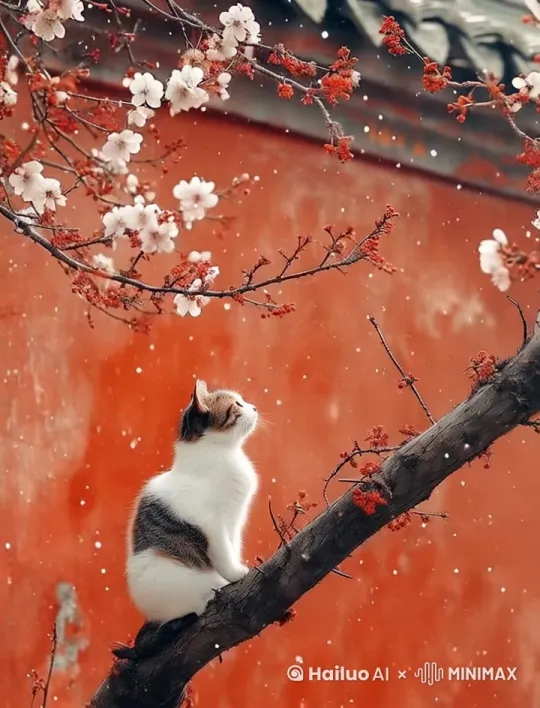 雪花飘落，梅枝摇动，猫咪沿着树干行走[右移,跟随] by Hailuo AI Video Generator
