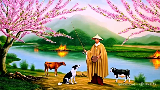 视频开头，画面静止在一幅传统的中国山水画上，画面中有一位身穿蓑衣、戴着斗笠的男子，他手持钓竿站在河边，身边有一只黑白相间的狗，还有一只牛在河边悠闲地吃草。河岸边燃烧着一堆篝火，树枝上开满了粉色的桃花，远处是连绵起伏的青山。

随着古琴音乐的响起，画面开始缓缓移动。男子轻轻提起钓竿，似乎在检查是否有鱼上钩。狗抬头看着他，牛继续悠闲地吃草。河水轻轻荡漾，倒映出岸边的景色。

接着，画面切换到男子的脸部特写，他微笑着看向远方，仿佛在享受这一刻的宁静。随后镜头拉远，展示出整个河岸的全景，桃花树在微风中轻轻摇曳，远处的青山在薄雾中若隐若现。

视频的高潮部分是男子的钓鱼过程。他专注地盯着水面，突然钓竿微微颤动，他迅速提起钓竿，一条小鱼跃出水面。狗兴奋地叫了一声，牛也停下吃草，抬头看着这一幕。男子微笑着将鱼放入一旁的竹篓中，继续钓鱼。

视频的最后，画面再次回到静止的状态，但这次男子的脸上多了一丝满足的微笑，狗也安静地卧在他身边，牛继续悠闲地吃草。篝火仍在燃烧，桃花树依旧美丽，青山依旧连绵。画面渐渐淡出，留下古琴音乐的余韵。 by Hailuo AI Video Generator