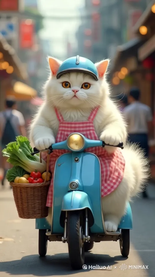 猫咪骑着车向镜头驶来，镜头向观众方向后退 by Hailuo AI Video Generator