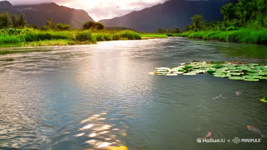 背景：一条宽阔的江河，水流平缓，水面波光粼粼，周围是郁郁葱葱的绿色植被，远处有连绵的山峦。
鲤鱼：一条巨大的金色鲤鱼，鳞片在阳光下闪闪发光，鱼身呈现出优美的弧线，正从水中跃起，水花四溅。
动作：鲤鱼在空中翻滚，鱼尾摆动，带起一串晶莹的水珠，姿态生动而有力。
细节：水面上漂浮着几片荷叶，周围有几条小鱼在游动，增添画面的生机感。
光线：阳光透过云层洒在水面上，形成柔和的光影效果，营造出温暖而自然的氛围。 by Hailuo AI Video Generator