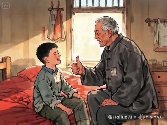 爷爷竖起大拇指，笑容满面的夸赞少年，少年也笑着说爷爷回复的快 by Hailuo AI Video Generator