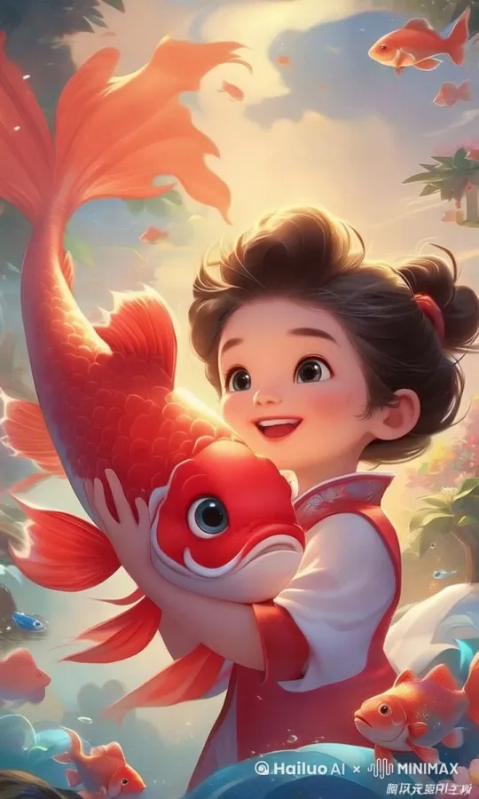 孩子和鱼动起来 by Hailuo AI Video Generator