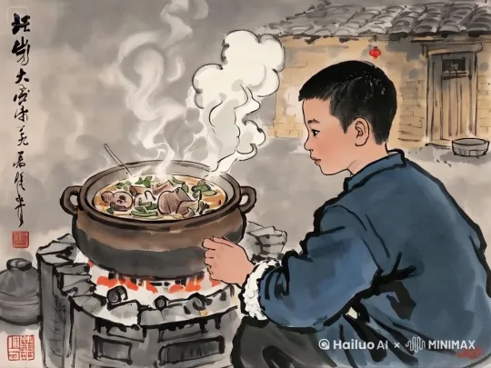 柴火苗扑腾扑腾，锅里热气腾腾，少年一边往柴灶里添加柴火 by Hailuo AI Video Generator
