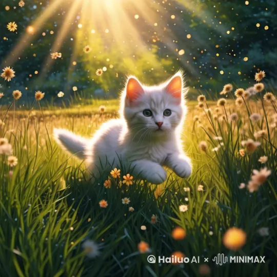让图片里的小猫动起来，再增加一些动感元素，比如飞舞的蝴蝶，画面要有质感 by Hailuo AI Video Generator