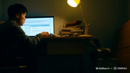 [下降,上摇]一个 30 多岁的中国人年轻程序员，在一个小书房，开着一盏黄色的小台灯，正在焦虑的盯着书桌前的电脑，电脑上打开着招聘网站，企图找一份工作 by Hailuo AI Video Generator