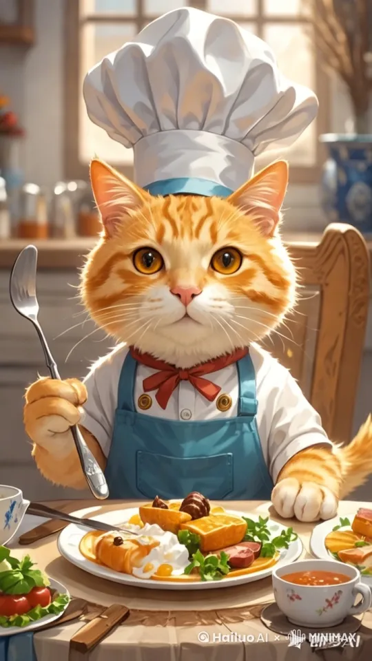 大橘猫手拿差字开始准备吃饭，上升+推进+下摇 by Hailuo AI Video Generator