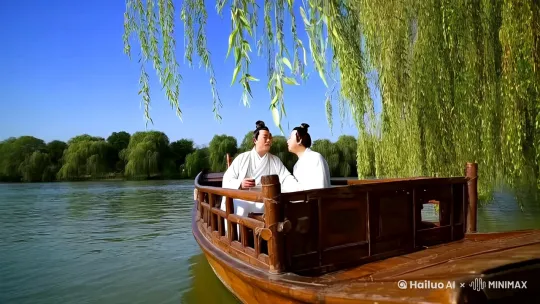 李李白和杜甫在杨柳飘飘的河边渡口船上对酒当歌[左移,上升] by Hailuo AI Video Generator