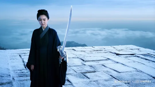 “青云山绝巅的陆雪琪（角色），眉目如画却隐含哀愁（特质），手持天琊剑伫立于飘雪石台（场景）” by Hailuo AI Video Generator