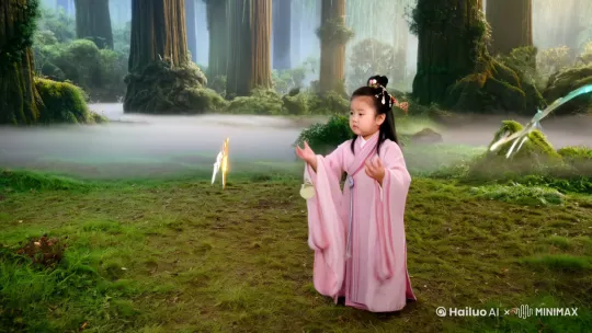 可爱五岁道士女宝宝用法术和龙打斗的短视频，法术以飞剑，符咒，手决呈现。 by Hailuo AI Video Generator