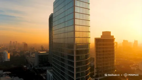 晨曦中的城市天际线，镜头推进至玻璃幕墙的现代办公楼。 by Hailuo AI Video Generator