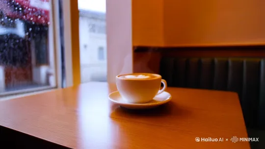 暖色调的咖啡厅角落，窗外飘着细雨，镜头缓缓推向桌上一杯冒着热气的拿铁 by Hailuo AI Video Generator