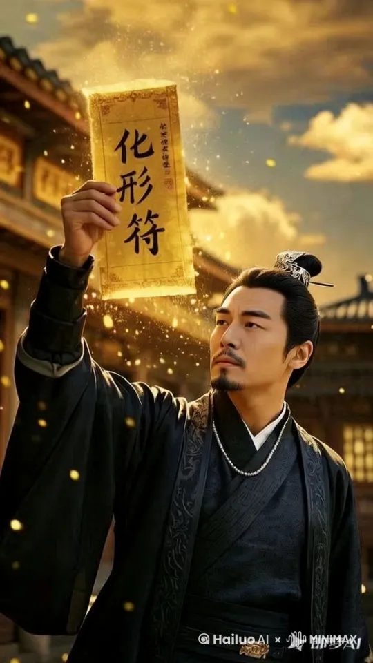 杰作，最佳质量，8K，超精细，一位身穿中国传统黑色丝绸掌柜长袍的三十多岁中年英俊男子，佩戴银色项链和头带束冠，目光专注地直视前方，右手有力地抛出一张写有汉字"化形符"的金色化形符至空中，符咒周围环绕着闪烁的金色光粒，背景为古代中国风格建筑及部分多云的天空。 by Hailuo AI Video Generator