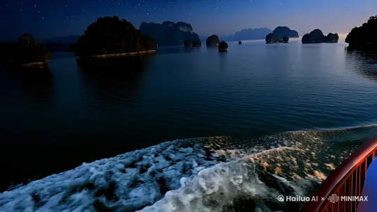 低角度动态视角,紧贴水面,跟随游船穿梭于月光下的千岛湖群岛,激起璀璨水花,岛屿轮廓在夜色中后退。镜头巧妙切换至游船甲板,捕捉游客倚靠栏杆,远眺湖光山色的惬意瞬间。晨曦初现,金色阳光穿透薄雾,洒向波光粼粼的湖面,营造出梦幻般的光影效果。高饱和度色彩渲染,每一滴水珠都晶莹剔透,细节入微。运动镜头充满活力,让观者仿佛置身其中,感受速度与美景的双重震撼。中景至远景过渡自然,完美展现千岛湖的壮丽风光。 by Hailuo AI Video Generator