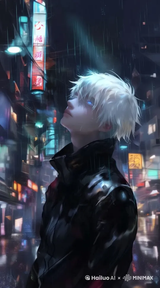 下雨天，背后的街景上霓光灯闪烁，男孩的头发微动 by Hailuo AI Video Generator