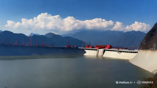 视频开头是一个晴朗的天空，白云点缀在蓝天中，画面下方可以看到三峡大坝的部分结构。接着镜头缓缓向下移动，逐渐展现出大坝的全貌。大坝横跨在平静的湖面上，湖面如镜，倒映出蓝天和白云，形成一幅对称的美景。

镜头继续向下移动，逐渐拉近大坝的细节。大坝上可以看到一些红色的设备和建筑物，显得十分醒目。湖面平静如镜，倒映出大坝的轮廓和远处的山脉，画面显得格外宁静和谐。

接着镜头转向大坝的另一侧，展示了大坝的全景。大坝两侧的山脉连绵起伏，远处的山峰隐约可见，给人一种壮丽的感觉。湖面依旧平静，倒映出大坝和山脉的轮廓，画面显得格外宁静祥和。

镜头继续向下移动，逐渐拉近湖面的细节。湖边有一些枯萎的树枝和石头，显得有些荒凉，但与平静的湖面形成了一种独特的对比。湖面依旧平静如镜，倒映出天空和大坝的轮廓，画面显得格外宁静和谐。

视频的最后是一个全景镜头，展示了三峡大坝的全貌。大坝横跨在平静的湖面上，湖面如镜，倒映出蓝天和白云，形成一幅对称的美景。大坝两侧的山脉连绵起伏，远处的山峰隐约可见，给人一种壮丽的感觉。整个画面显得格外宁静祥和，充分展现了“高峡出平湖”的壮丽景象 by Hailuo AI Video Generator