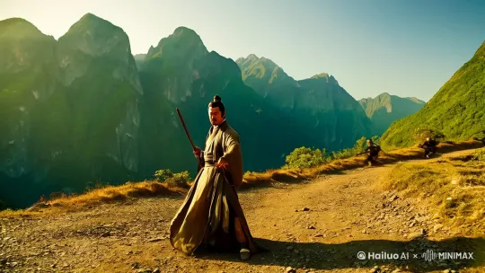 一个元婴期的武林高手，在阳光明媚的清晨，在山林的小路上击退了10个劫匪。[右摇,变焦推进] by Hailuo AI Video Generator