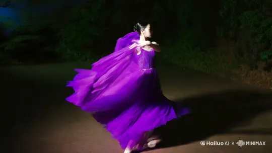 身着梦幻紫色纱裙的美女，于光影交错间轻盈转身，裙摆飞扬，玉臂舒展，如紫蝶蹁跹，灵动起舞。10秒钟 by Hailuo AI Video Generator