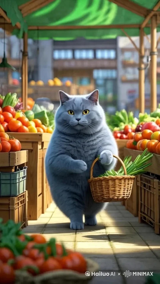 主体动态呈现，自然，大蓝猫在逛菜市场 by Hailuo AI Video Generator