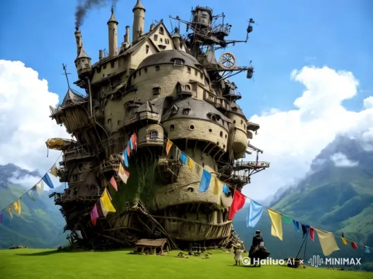 [左移,上升]宫崎骏的动画变成真实的场景，哈尔的移动城堡冒着烟气，烟雾滚滚，背后的云缓缓浮动[左移,右摇,跟随] by Hailuo AI Video Generator