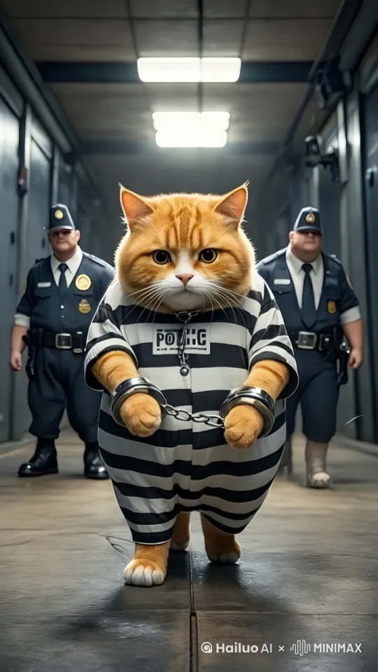 小猫一脸颓废的前进，步伐缓慢，眨眼睛，[跟随]身后的两名，警察跟随着前进 by Hailuo AI Video Generator