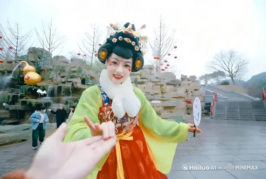 不倒翁小姐姐从远处摇动过来与镜头拉手互动[左移,右摇,跟随] by Hailuo AI Video Generator