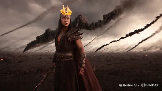 在那片刚刚历经激战的战场，风云还未完全消散，滚滚烟尘如狰狞巨兽，在天地间肆意翻涌。哪吒孤身傲立其中，恰似一尊不败战神。
 
他的发带被狂风吹得烈烈作响，像是燃烧的火焰。原本整齐的衣衫如今满是破洞与污渍，可这丝毫无法掩盖他周身散发的凌人气势。哪吒的双眼仿若燃烧的烈日，锐利且炽热，扫视着四周，那目光所到之处，皆让人心生寒意。激战过后，战场一片死寂，唯有哪吒的呼吸声略显粗重，仿佛是在向天地宣告这场战斗的艰辛与胜利的来之不易。
 
他缓缓抬起右手，手中的火尖枪微微下垂，枪尖上还挂着丝丝缕缕的黑色烟雾，那是敌人溃败的证明。枪杆上的血迹顺着枪身缓缓滑落，滴在脚下满是焦痕的土地上，瞬间洇出一朵朵暗红色的“花”。哪吒的嘴角微微上扬，露出一抹自信且不羁的笑容，那笑容仿佛能驱散世间一切阴霾。
 
紧接着，哪吒深吸一口气，双脚猛地一蹬地面，整个人如同一道金色的闪电，直冲云霄。在他上升的过程中，周身的火焰再次熊熊燃烧起来，将他的身影映衬得愈发夺目。下方的战场，在他的光芒照耀下，显得愈发破败不堪。而哪吒，已然成为这片天地间最耀眼的存在，他的英勇身姿，必将被世人传颂，成为永恒的传奇 。 by Hailuo AI Video Generator