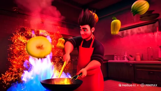 A red-clothed Nezha with spiky hair, wearing apron, chopping vegetables in a magical kitchen, vegetables floating in mid-air, dynamic lighting with fiery red particles, cinematic angle, 8k, ultra-detailed, trending on ArtStation --ar 16:9 --v 6.0
Nezha using golden hoop as spatula, wok with blue flames from Wind Fire Wheels, ingredients sizzling with sparks, dynamic motion blur, dramatic shadows, vibrant colors, UHD --s 750 --chaos 20
Close-up of flying vegetables with fiery explosion background, Nezha grinning mischievously, intense red and orange lighting, smoke effects, 35mm film grain --q 2 --style raw by Hailuo AI Video Generator