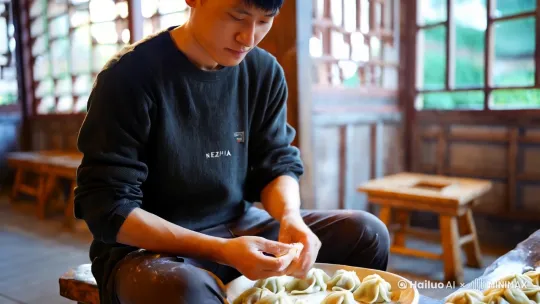 哪吒坐在凳子上在包饺子 by Hailuo AI Video Generator