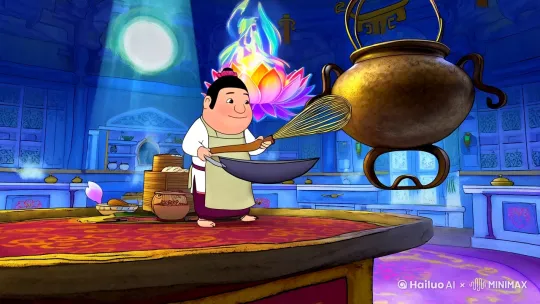 nk-wash animation style kitchen, Taiyi Zhenren cooking with floating whisk wok, chubby Taoist in apron, celestial cloud kitchen, flying bronze cauldron boiling soup, magical lotus-shaped flame effects, animated lotus root slices jumping into oil, escaping peach dodging flying cleaver, rainbow smoke from ingredient explosion, gourd stove spitting Samadhi Fire, steamed bun Nezha emoticons flying from bamboo steamer, chibi Ao Bing spitting ice after stealing hot food, dynamic ink transition effects, 2.5D camera movement, traditional Chinese color palette (indigo/vermilion/gold), 20-second sequence: prep(5s)→cooking(8s)→chaos(5s)→climax(2s) by Hailuo AI Video Generator