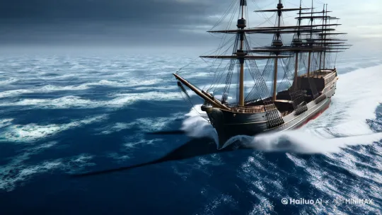 一艘船在海上经历风浪 by Hailuo AI Video Generator