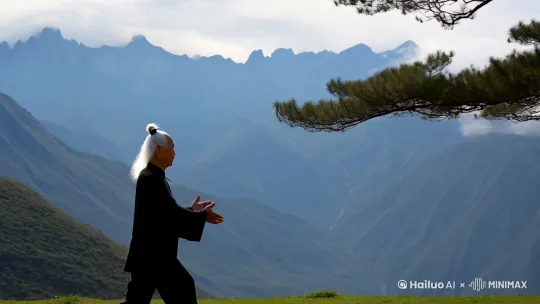 中国水墨风。一个束着发髻的白发男性老人在松树下大太极拳。构图为人物全景，背景是山峦叠嶂。 by Hailuo AI Video Generator