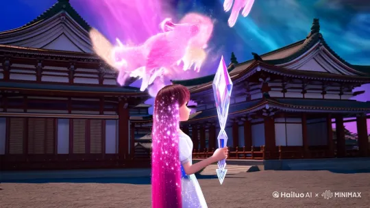 "Magical girl with stardust-pink gradient hair sparking celestial trails, wielding prismatic crystal staff that summons glowing astral foxes. Background shifts from shrine gates to nebula vortex during 7-second spellcasting sequence. Dynamic camera circling + sakura petals dissolving into constellation particles. --ar 9:16 --style raw --niji 6" by Hailuo AI Video Generator