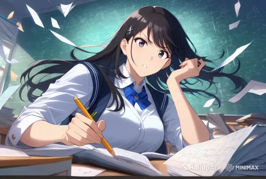 专注写题，黑板上公式以蓝色特效浮现，画面生动自然，流畅 by Hailuo AI Video Generator