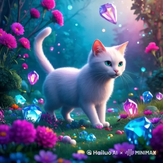 小猫跳入镜头，慢慢向前走，温柔的叫了一声，好像看到了奇妙的东西，周围的宝石发着荧光，超细节，高分辨率，电影大片级运镜 by Hailuo AI Video Generator