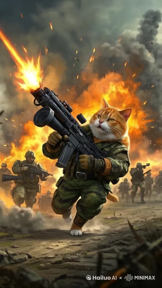 画面主体动态呈现，自然流畅，猫边走边开枪[右移,左摇,跟随] by Hailuo AI Video Generator
