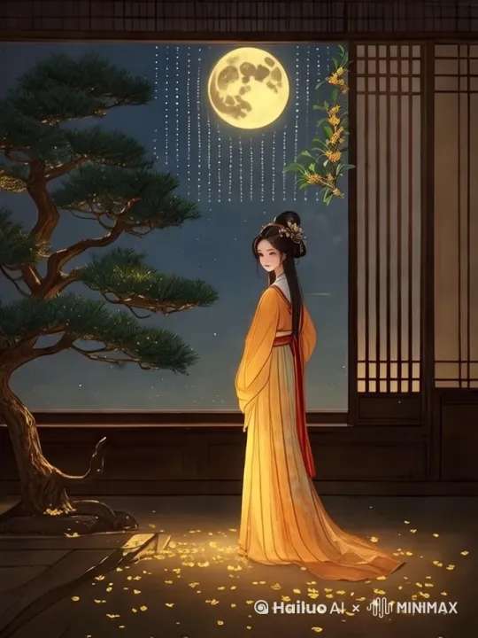 少女走转头走向窗边，抬头望月，然后恩念夫君啜泣伤感。 by Hailuo AI Video Generator