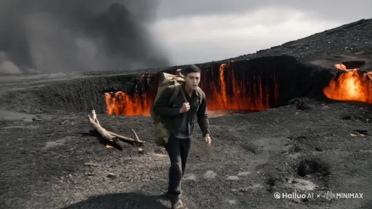 画面从男人背着背包走在火山上开始，镜头特写人物面部焦虑的表情，采用灾难片的风格 by Hailuo AI Video Generator