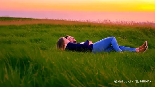 在一片微风起伏的草原上，一对情侣正躺在草原上看夕阳[推进,上升] by Hailuo AI Video Generator