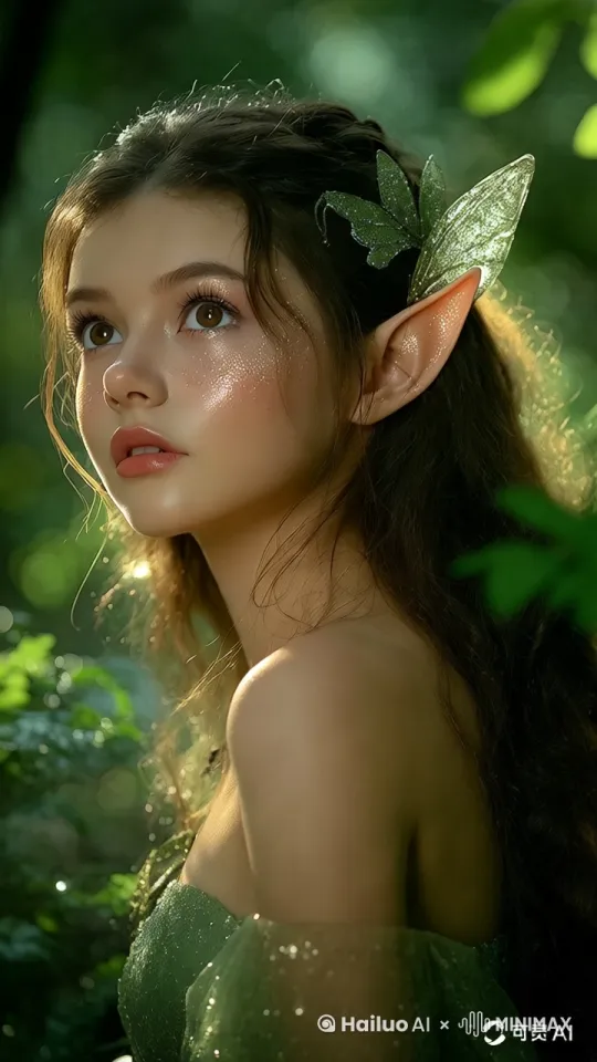 美丽的森林精灵少女目视前方，头发随风飘扬 by Hailuo AI Video Generator