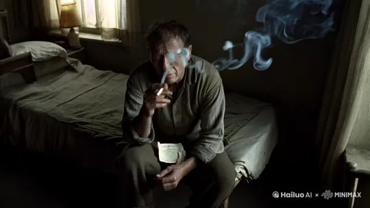 请按照王家卫的拍摄手法，帮我拍摄一个被工人一直逼着讨薪的忧愁的无法入睡只能默默抽着烟，要求有内心独白 by Hailuo AI Video Generator