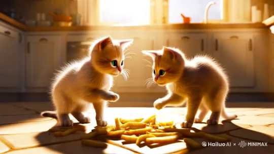 两只小猫在吃薯条 by Hailuo AI Video Generator
