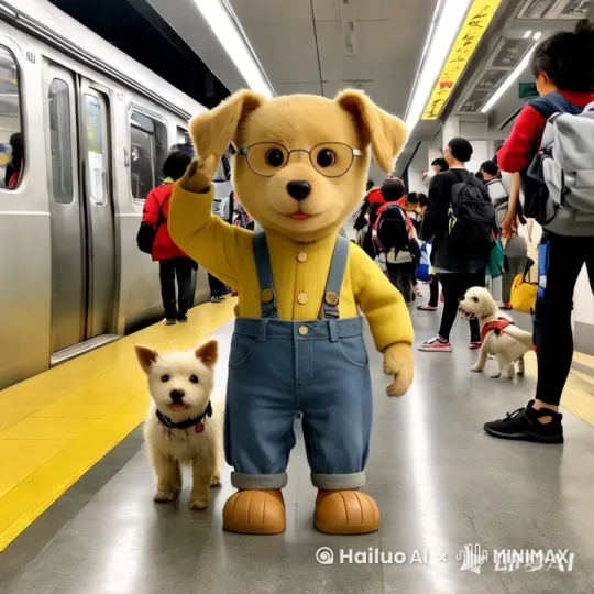 [下摇,下降]拟人小黄狗抱起了身边的小狗，[跟随]转身背朝镜头方向蹦蹦跳跳走远了。[右移]镜头固定到右侧脖子上有红绳的小狗身上。 by Hailuo AI Video Generator