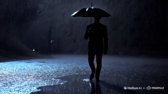 黑夜中下着雨，一名高大帅气的黑衣男子撑着雨伞缓慢地向前走来，周围很安静，[变焦拉远]地面上有雨水，反着光，镜头从男子的脚缓缓上移，由近及远，物理真实影像效果，大片质感 by Hailuo AI Video Generator