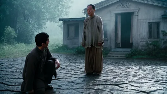 外面下着小雨。儿子申公豹跪在破旧的房子门外，向站在门口穿着破烂的皇子老爹道别说：我没有办法照料你，我要养家，我要外出打工努力赚钱。你有86岁了，要好好照顾你自己。说着说着眼泪充满了眼眶，爬着站了起来，带着担忧带着无奈的走了。 by Hailuo AI Video Generator