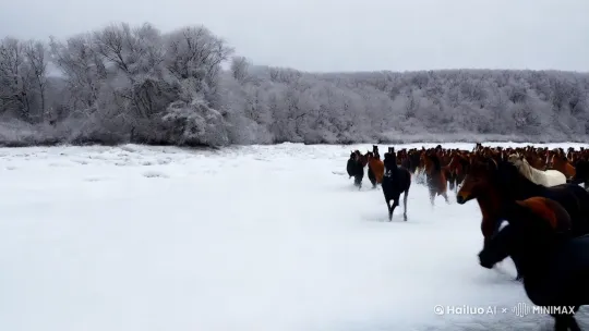 雪地中间一条大河，河两边是雾凇！河水中几十匹黑色的，白色的，枣红色的健壮的马向镜头奔跑，马蹄溅起水花



雪地中间一条大河，河两边是雾凇！河水中几十匹马



创意描述
[左移,右摇,跟随][右摇,变焦推进][右移,左摇,跟随]雪地中间一条大河，河两边是雾凇！河水中几十匹马齐头并进，马蹄溅起水花
T2V-01-Director
启用优化
复制提示词 by Hailuo AI Video Generator