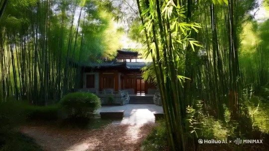 在一个绿阴竹子中，清晨阳光明媚，有一间2800平方的大别墅！ by Hailuo AI Video Generator