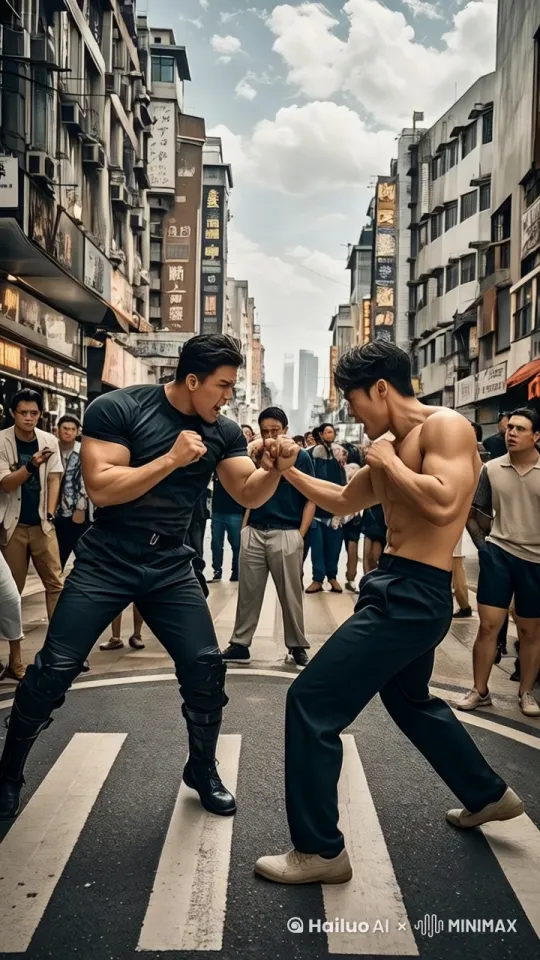 镜头移动，动态跟随，展现两个人史诗般的激烈打斗场面，两个人正在进行惊心动魄的中国功夫对决。左边的人右脚轻点地面，身体如旋风般旋转，左腿高高抬起，以一记凌厉的侧踢攻向对手的头部，速度极快。右边的人一个前滚翻躲开，起身时双腿连环踢出，腿影重重，令人眼花缭乱。两人的招式变化无穷，身影在环境中快速移动，忽左忽右，地面灰尘四起，展现出中国功夫的博大精深。周围的人欢呼雀跃、拍手叫好。 by Hailuo AI Video Generator