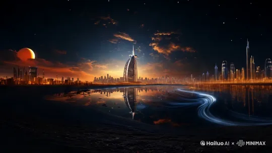 镜头[上升]并迅速[拉远]，然后镜头开始旋转，背景中的云朵和光线日落不断变化。镜头快速[推进]，一个有头纱的男人背对着镜头眺望远方的城市建筑。 by Hailuo AI Video Generator