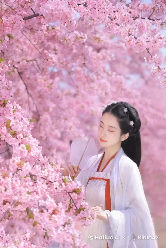 [推进][变焦推进]女生慢慢睁开眼睛看向摄像机，风吹樱花 by Hailuo AI Video Generator